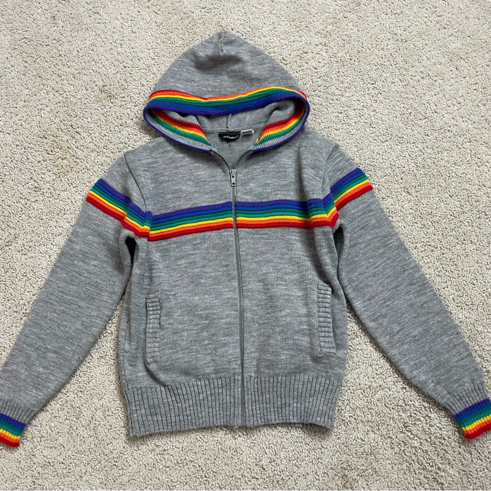 Vintage Gray Hooded Zip Cardigan Sweater with Rainbow Stripes